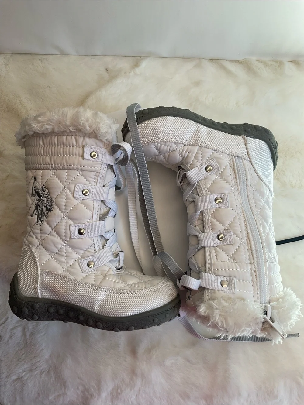 Polo Ralph Lauren Girls White Quilted Snow Boots Faux Fur Trim Lace-Up Side Zipp